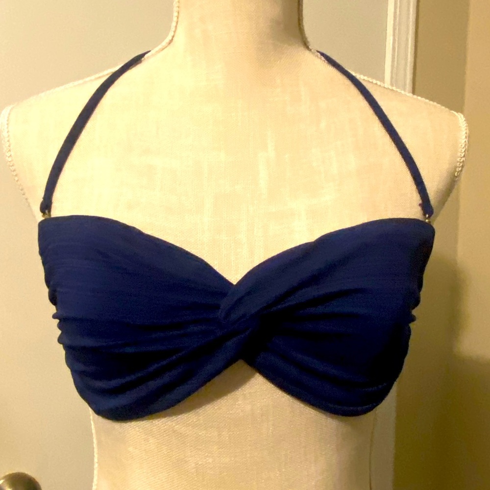 Navy blue twist front bandeau bikini top